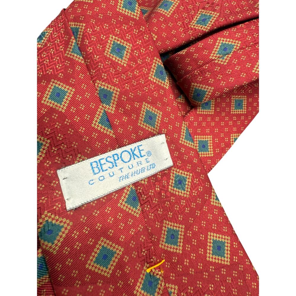 👔 Vtg Bespoke Couture Red Geometric Tie Retro Silk Style Statement Classic 80s - Picture 3 of 3